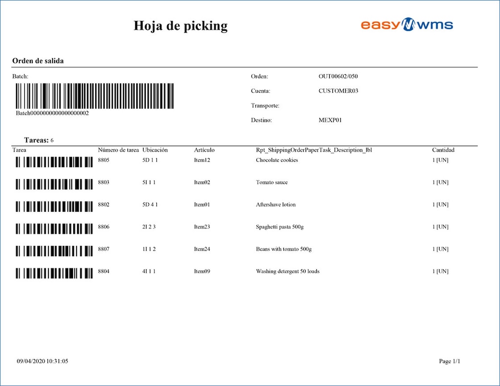 Ejemplo de orden de picking generada por el sistema de gestión de almacenes Easy WMS