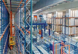 Different automated systems work in a robotized warehouse