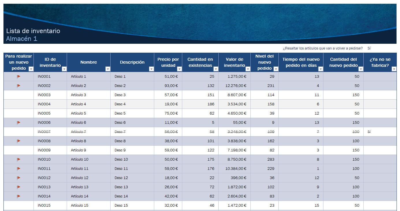 Ejemplo de plantilla para hacer inventarios en el depósito con Excel