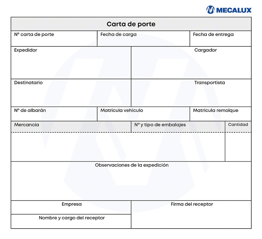 Ejemplo de carta de porte utilizado en depósito logístico con los campos a rellenar