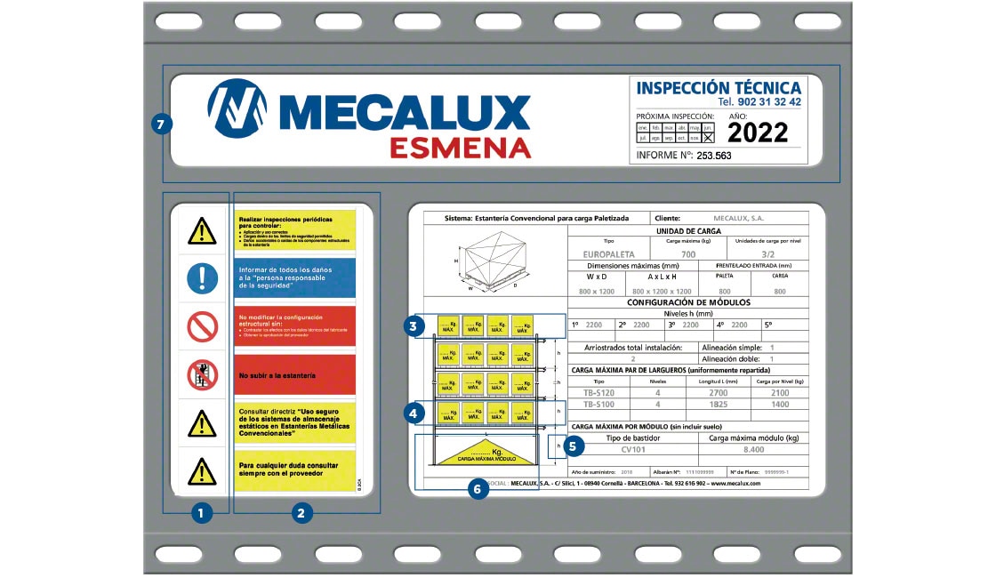 Ejemplo de una placa de características para estanterías de Mecalux