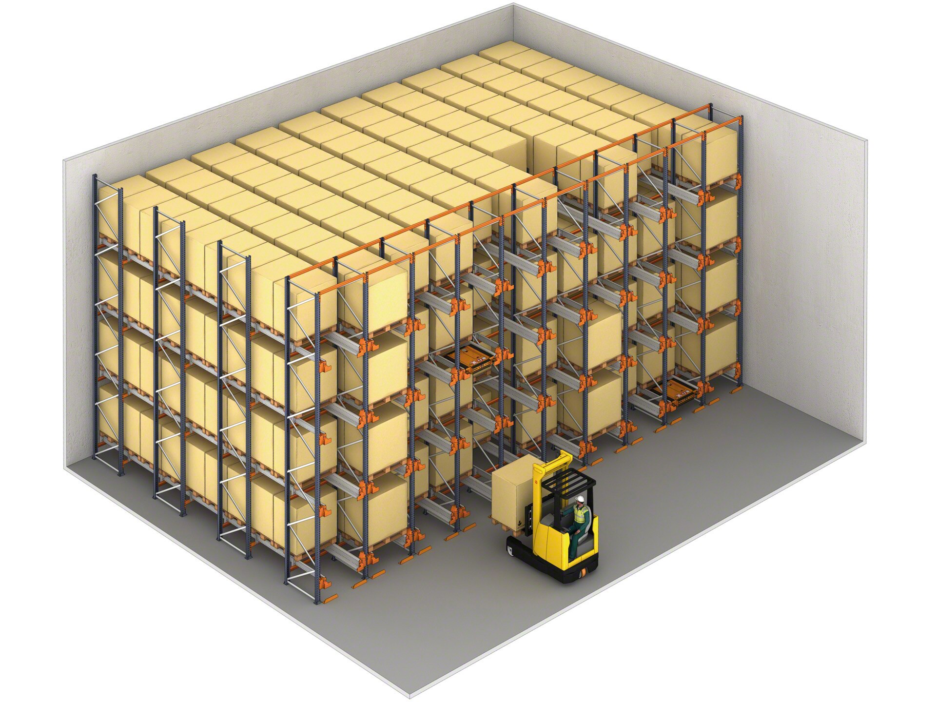 Con tan solo una orden, el Pallet Shuttle puede completar todo un canal de almacenamiento